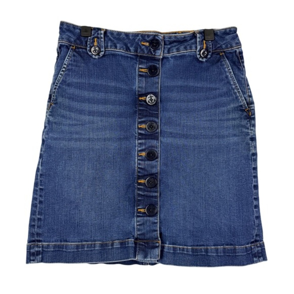 Talbots‎ 4 PETITE Blue Denim Button Front Nautical Anchor Skirt Coastal Preppy